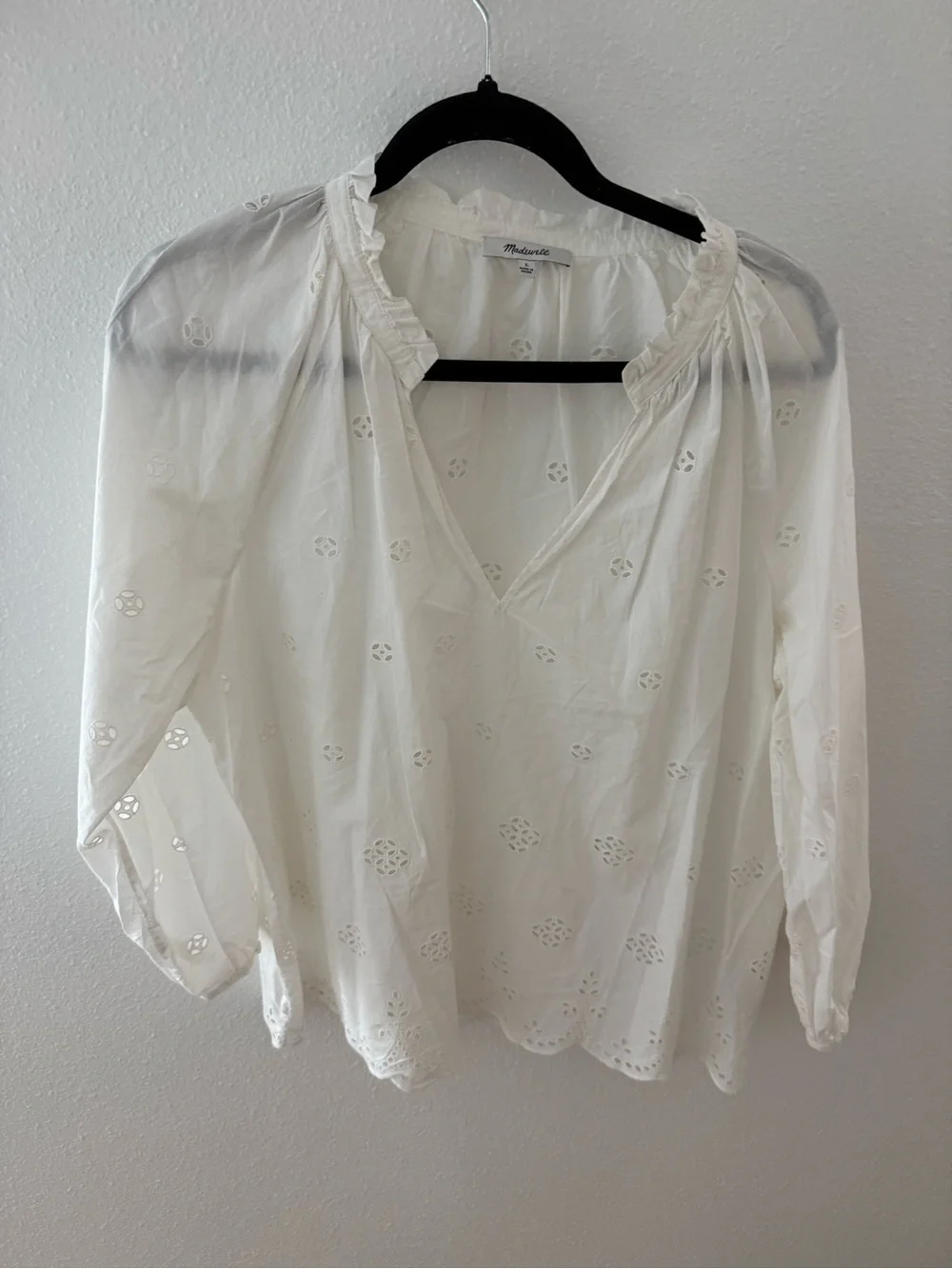 Madewell White Eyelet Peasant Top with Ruffle Neck